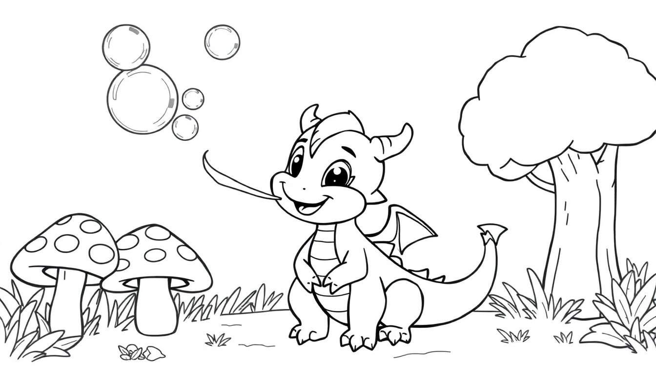 A cute cartoon dragon sitting happily, ready for a color panel adventure.