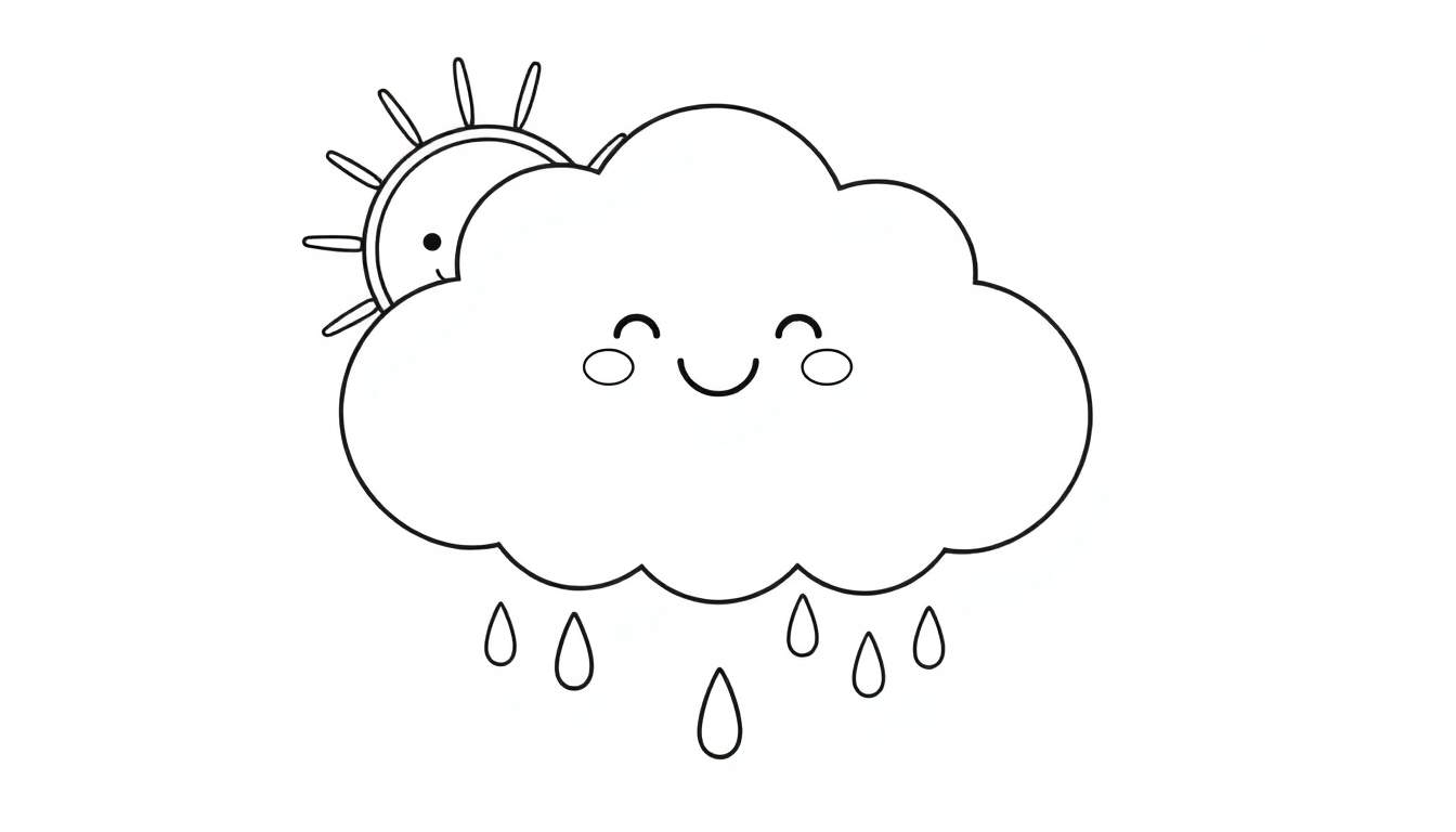 A happy cloud raining colorful drops, with a smiling sun peeking from behind, part of a fun color panel for kids.