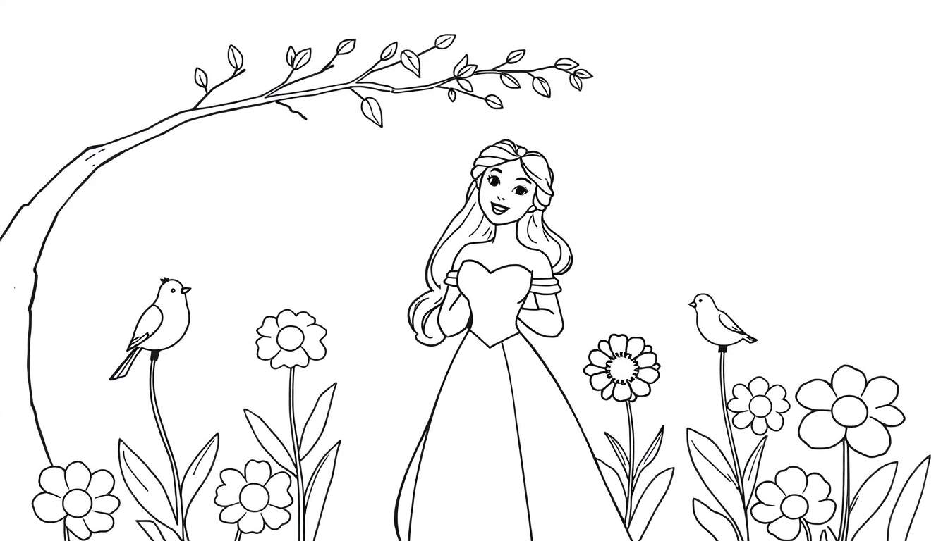 A black and white color panel drawing of a young woman with long hair in a gown, standing in a field of flowers with a tree branch overhead and birds on flower stems, ready for coloring.