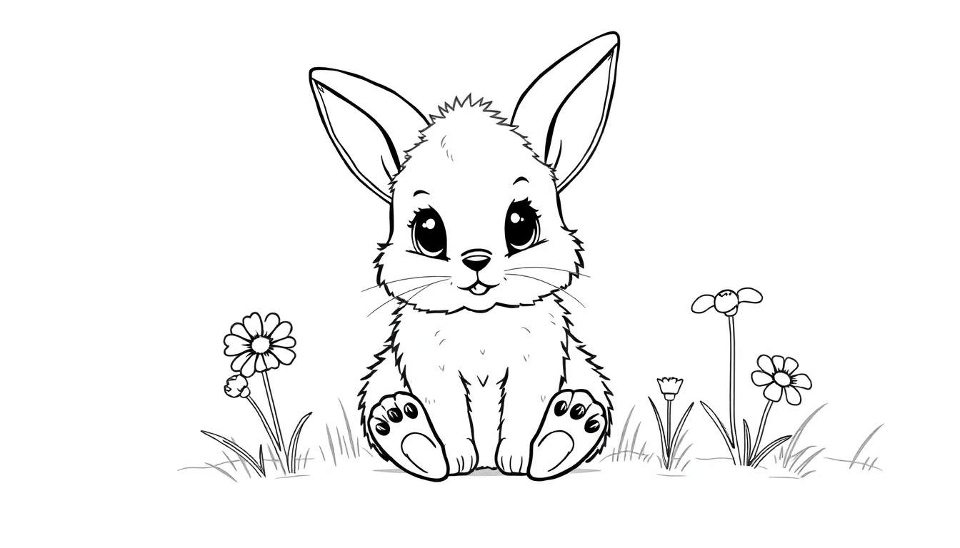 A cute bunny in a flower field, ready for a color panel.