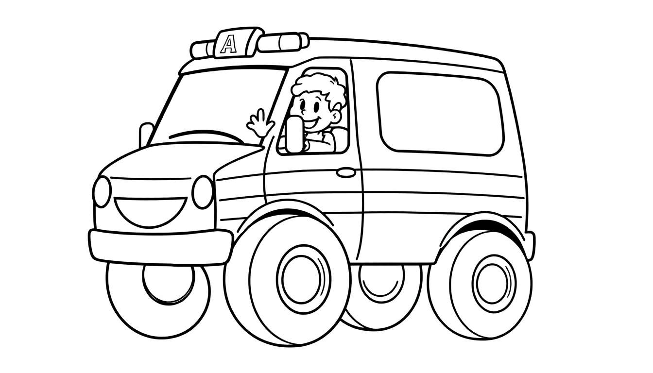 A cartoon ambulance, ready for a color panel adventure, with a big smile and a friendly driver waving from the window.