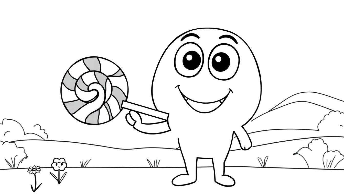 A cute cartoon character holding a lollipop, ready for a color panel adventure.