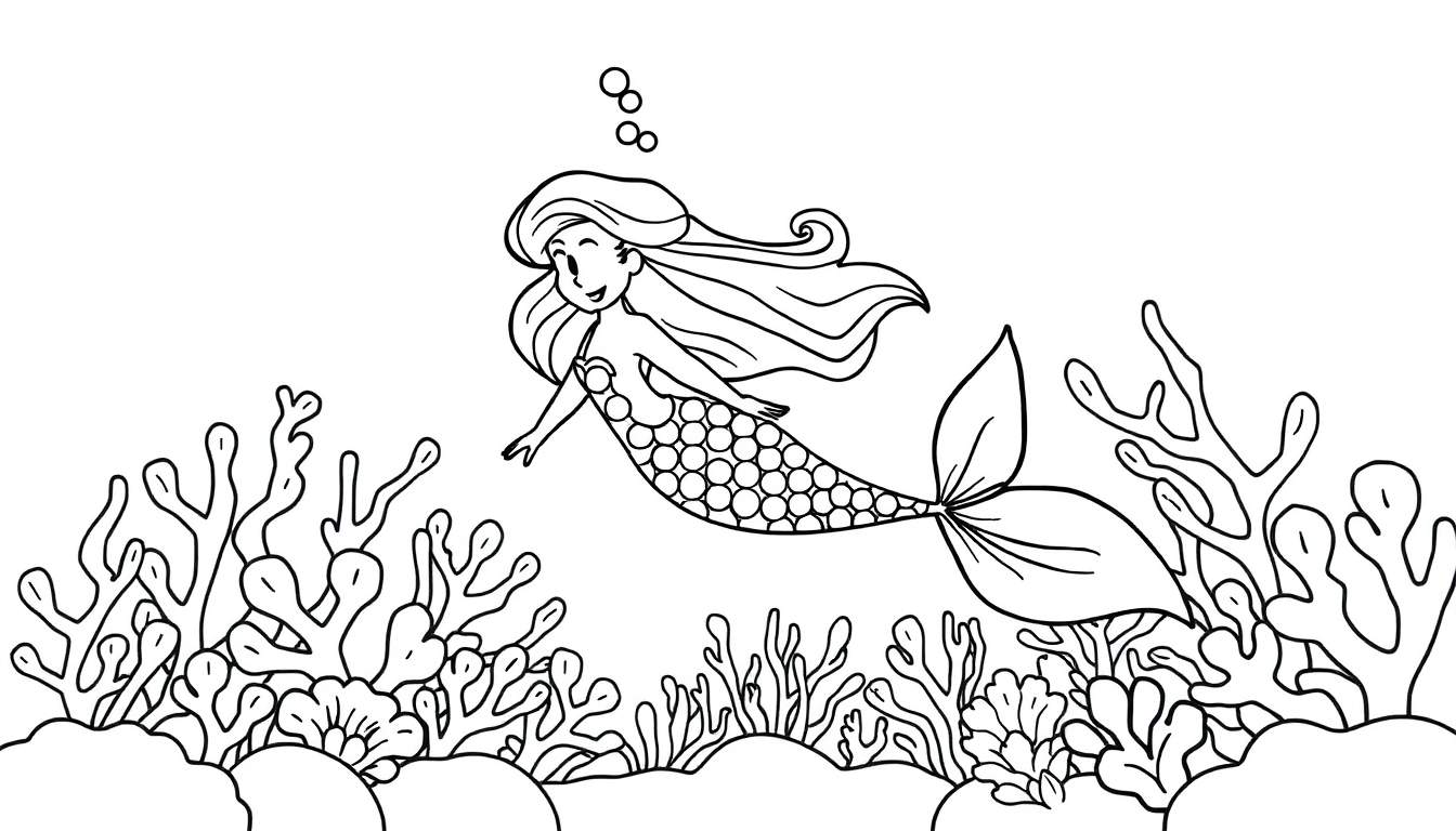 A black and white color panel drawing of a happy mermaid swimming.