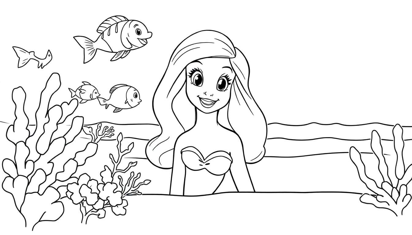 Ariel the mermaid smiling in a black and white color panel, surrounded by ocean plants and fish.