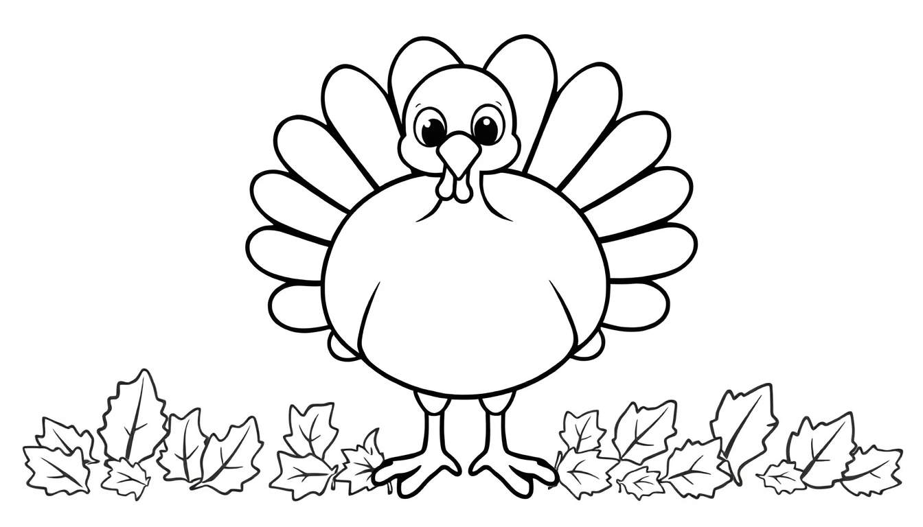 A cute black and white drawing of a turkey ready for coloring, with googly eyes and autumn leaves. A fun color panel for Thanksgiving!