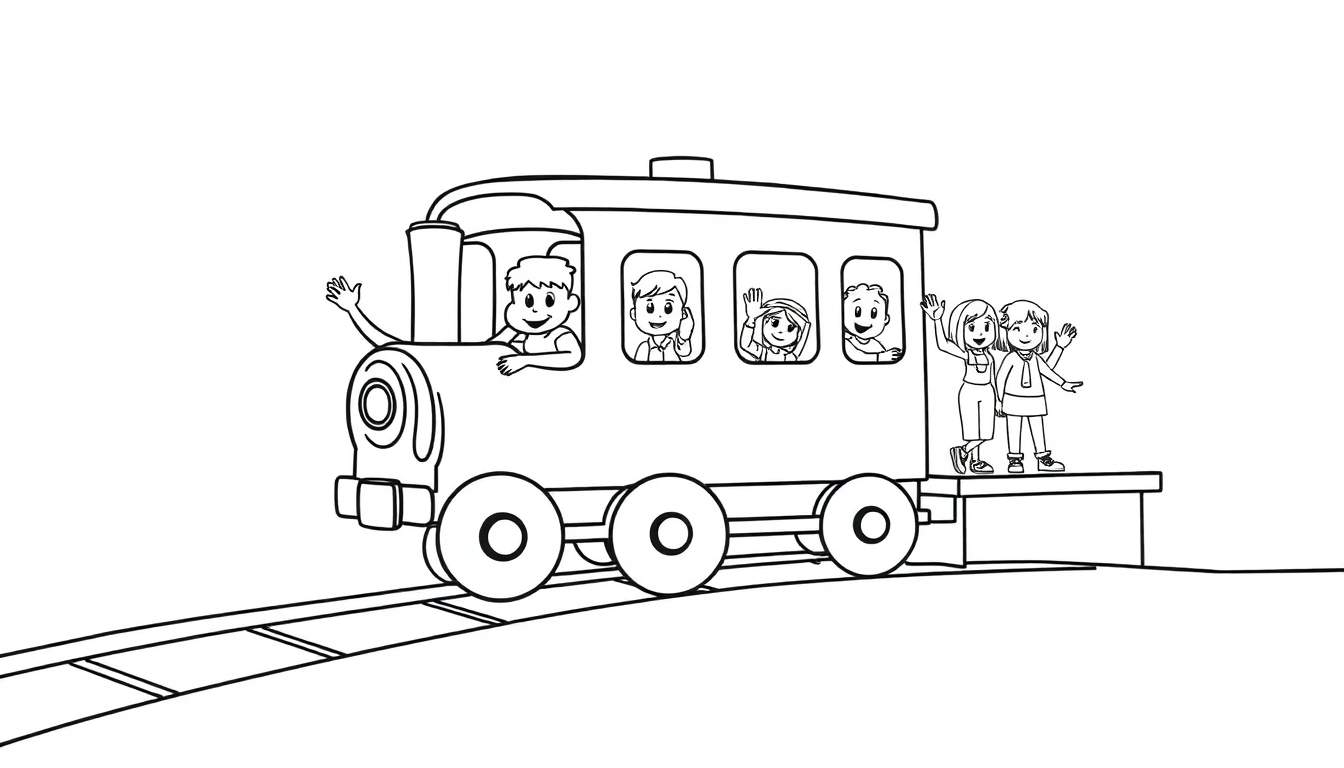 A happy black and white cartoon train with waving children and a conductor in a subway tunnel, captured in a color panel.