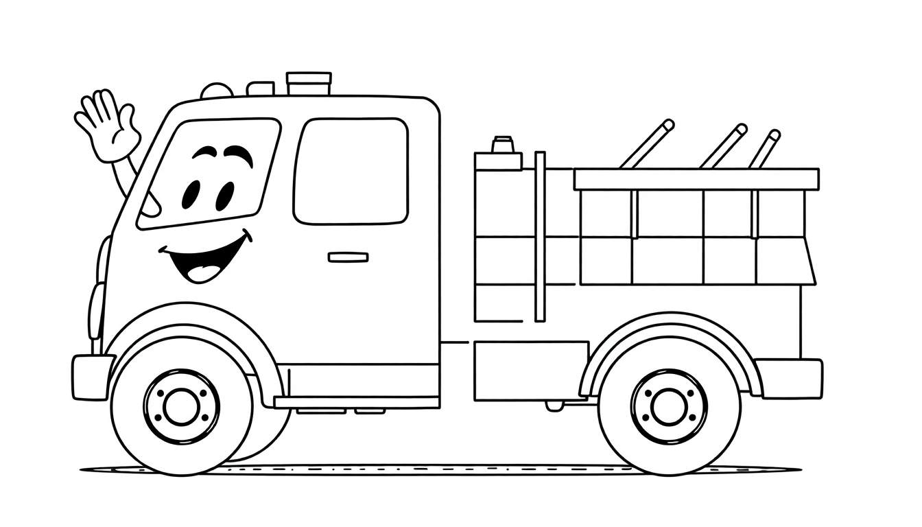 A friendly black and white cartoon firetruck with a smiling face, ready for a coloring panel adventure.