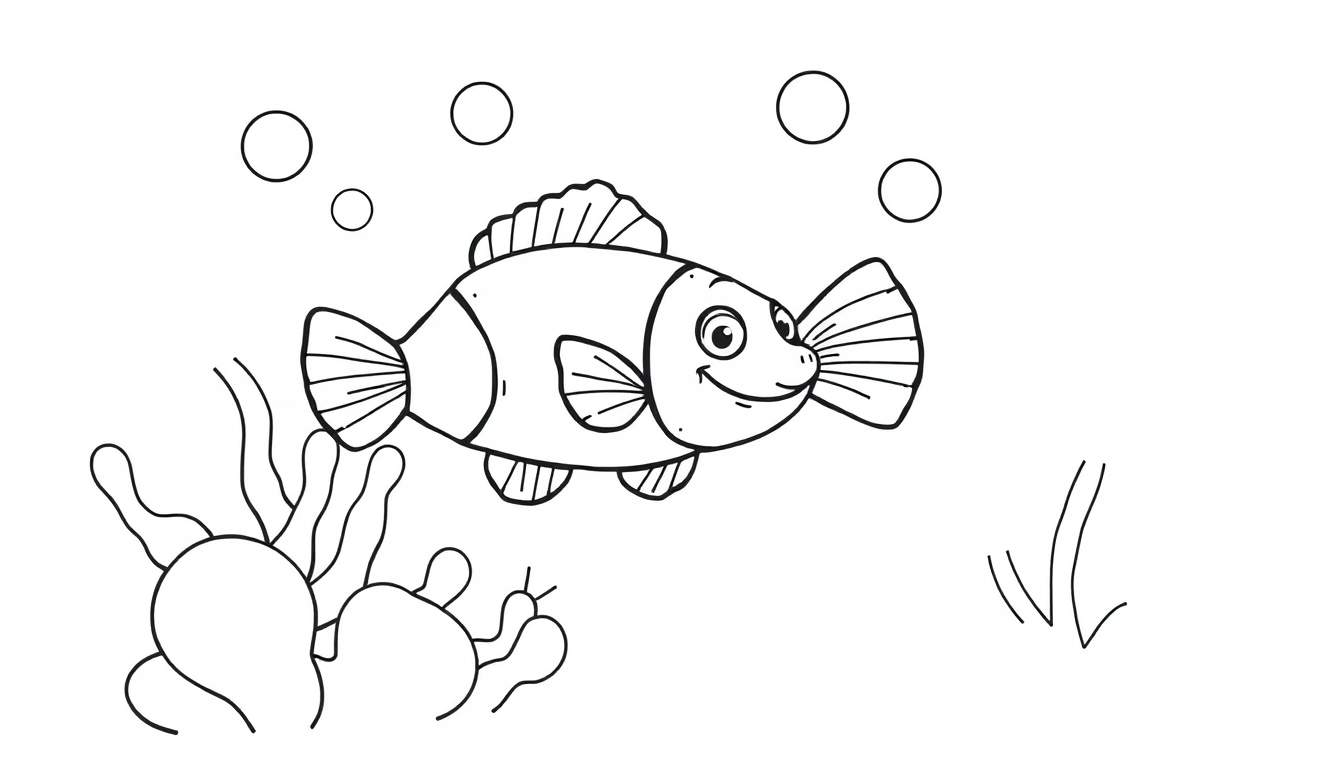 A black and white cartoon drawing of a happy clownfish swimming right, with bubbles and seaweed, ready for a color panel.