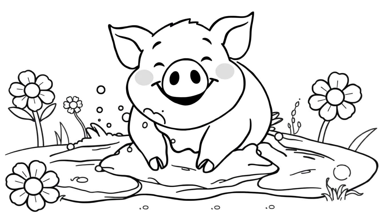 A happy pig enjoying a muddy patch, ready for a color panel.