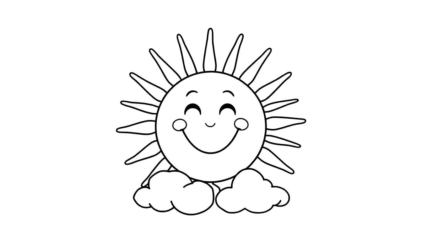 A black and white cartoon sun smiling with rays, ready for a color panel.