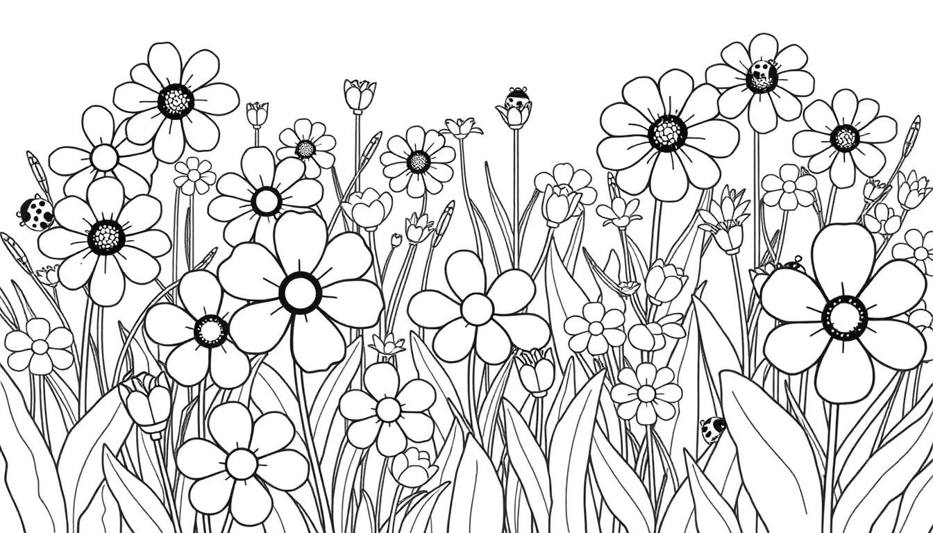 A black and white line drawing of a dense field of flowers and grass with ladybugs, a perfect color panel for coloring.