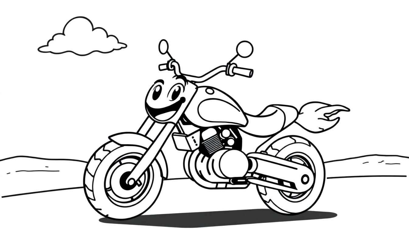 A friendly cartoon motorbike in a color panel, ready for adventure.