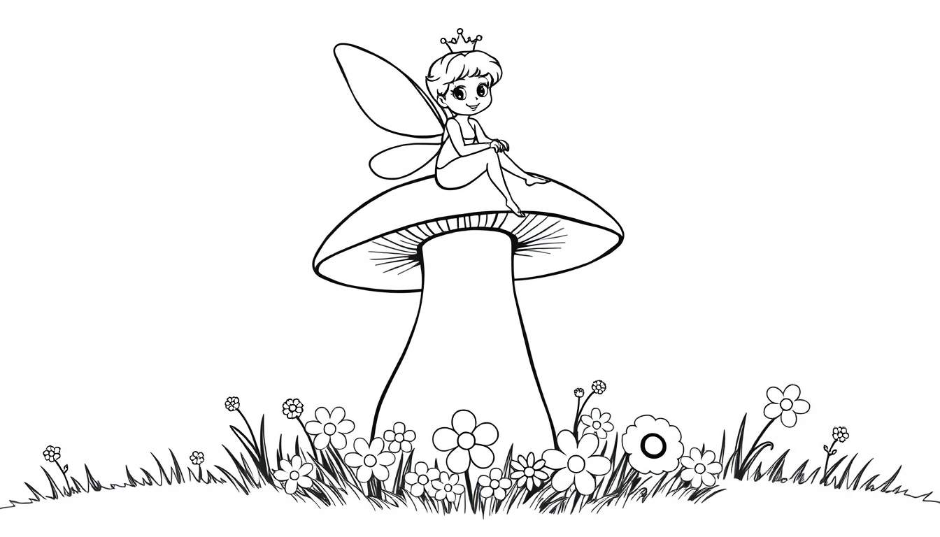A happy fairy with sparkly wings and a crown sits on a giant mushroom, a colorful flower panel in a sunny meadow.
