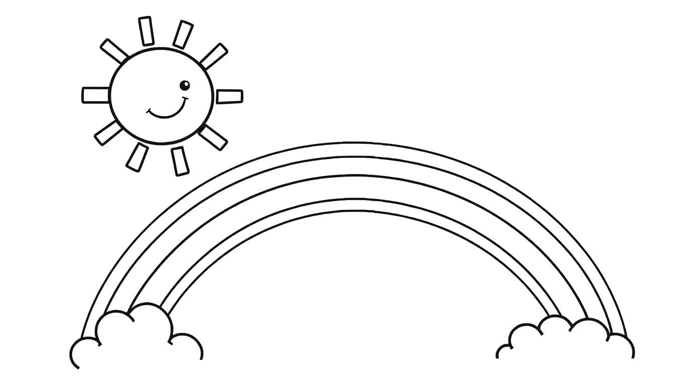 A cartoon color panel featuring a smiling sun made of shapes and a colorful rainbow of triangles with clouds at its ends.