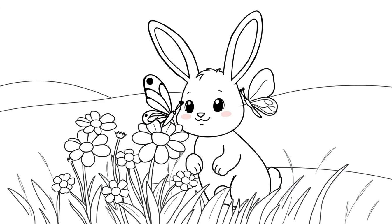 A black and white line drawing of a cute bunny with long ears sitting in a flower field, with butterflies nearby. This color panel is ready for coloring.