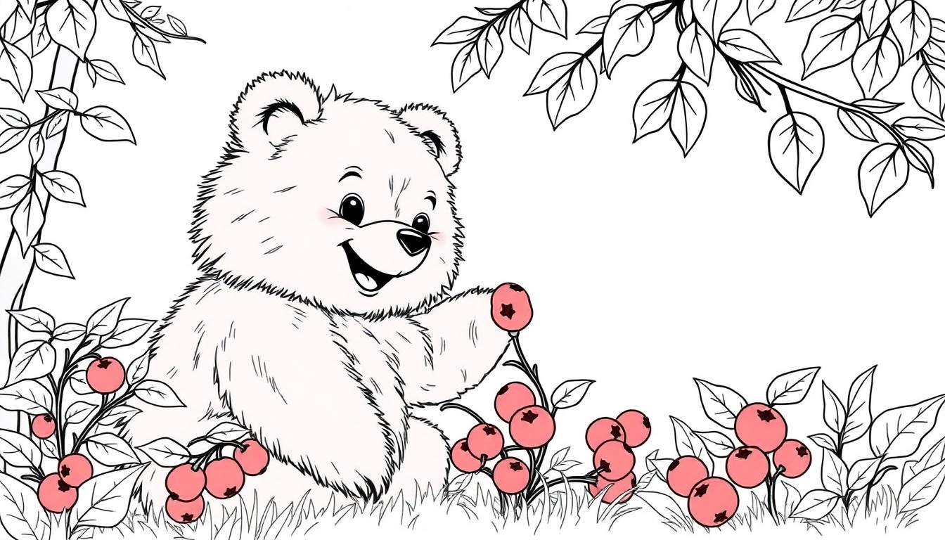 A cute bear cub is coloring a color panel, reaching for a berry.