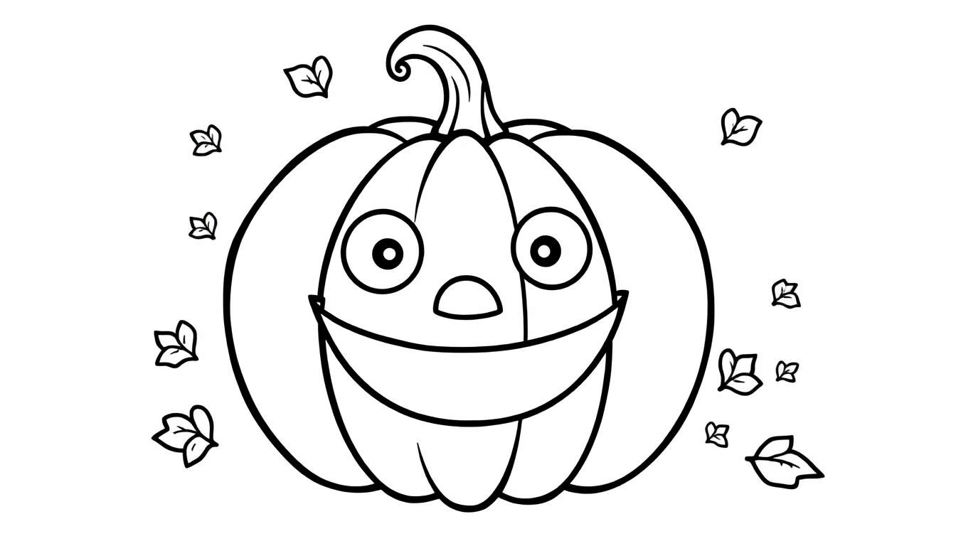A black and white drawing of a smiling jack-o'-lantern with falling leaves, ready for a color panel.