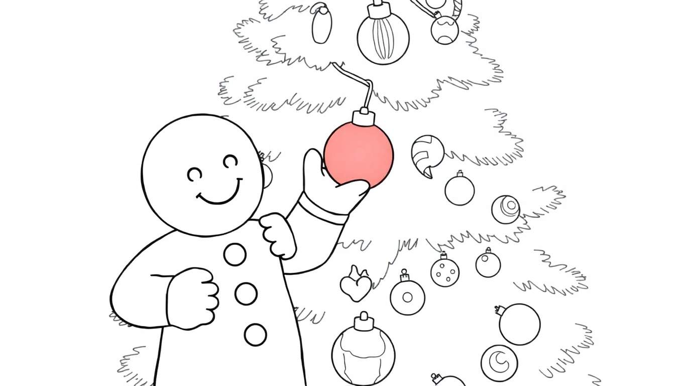 A gingerbread man with a red ornament, decorating a Christmas tree in a black and white color panel.
