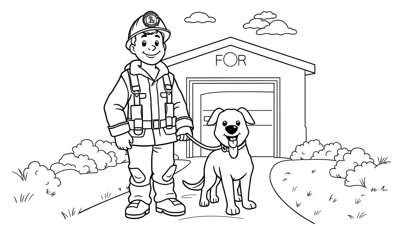 A firefighter and his dog on a color panel.