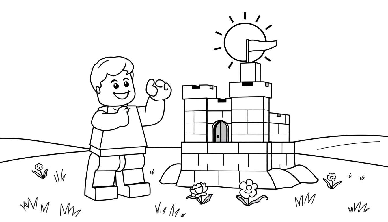 A cheerful Lego man waves his hand next to a colorful Lego castle on a grassy hill, with a sun shining in the sky. This color panel shows a fun building adventure!