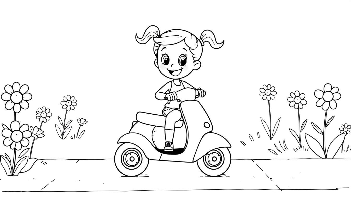A black and white color panel of a smiling girl with pigtails riding a scooter.
