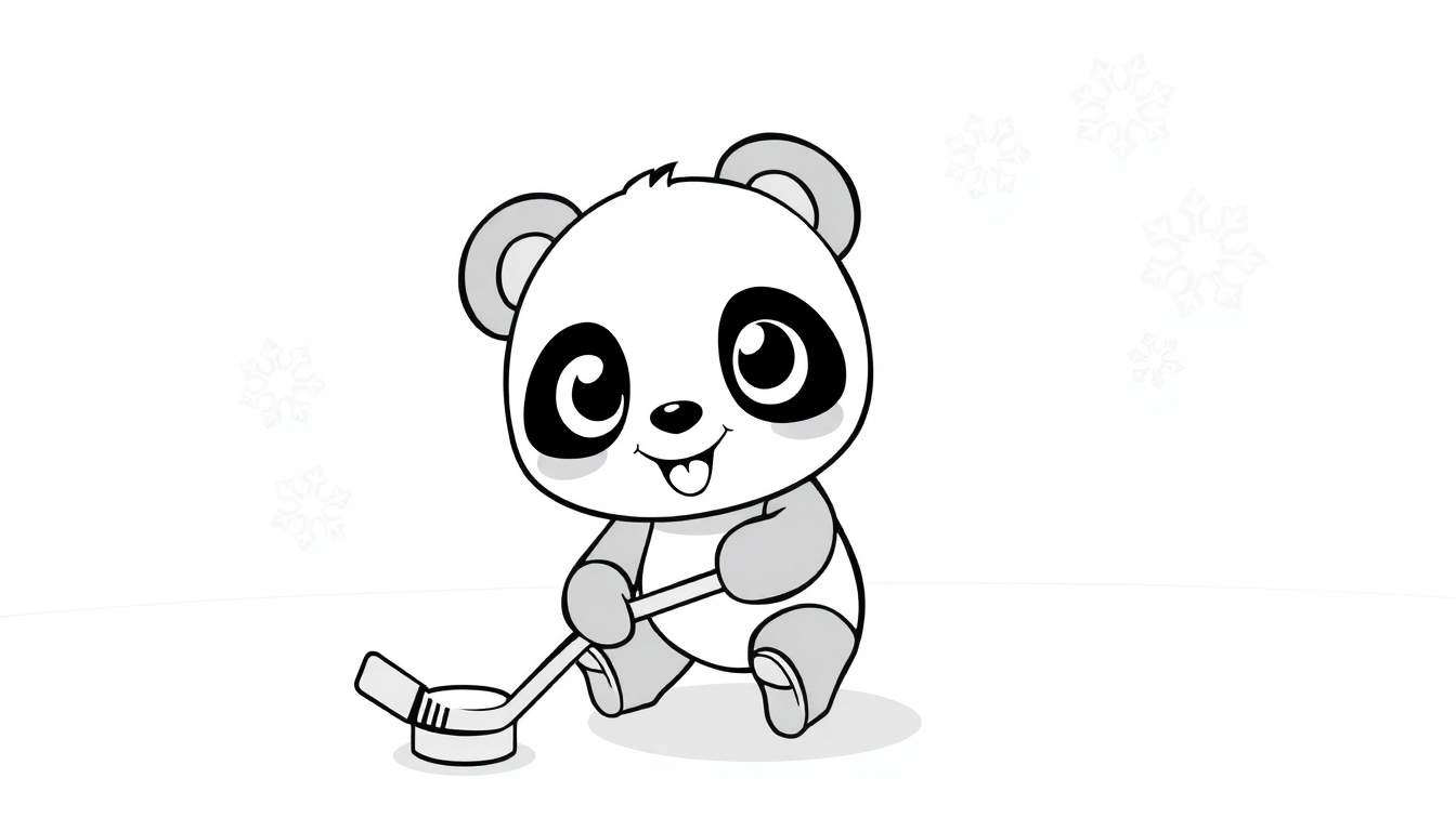 A cute baby panda in a colorful color panel outfit is sitting on the ice playing hockey.