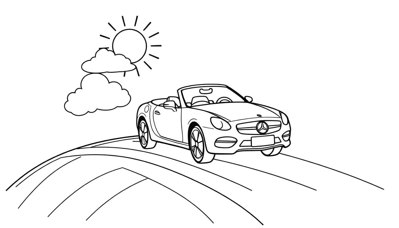 A black and white drawing of a convertible car on a winding road under a sunny, partly cloudy sky, showcasing a simple color panel design.