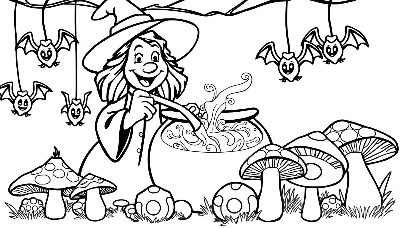 A friendly witch stirring a cauldron, surrounded by bats and mushrooms, ready for coloring on this color panel!