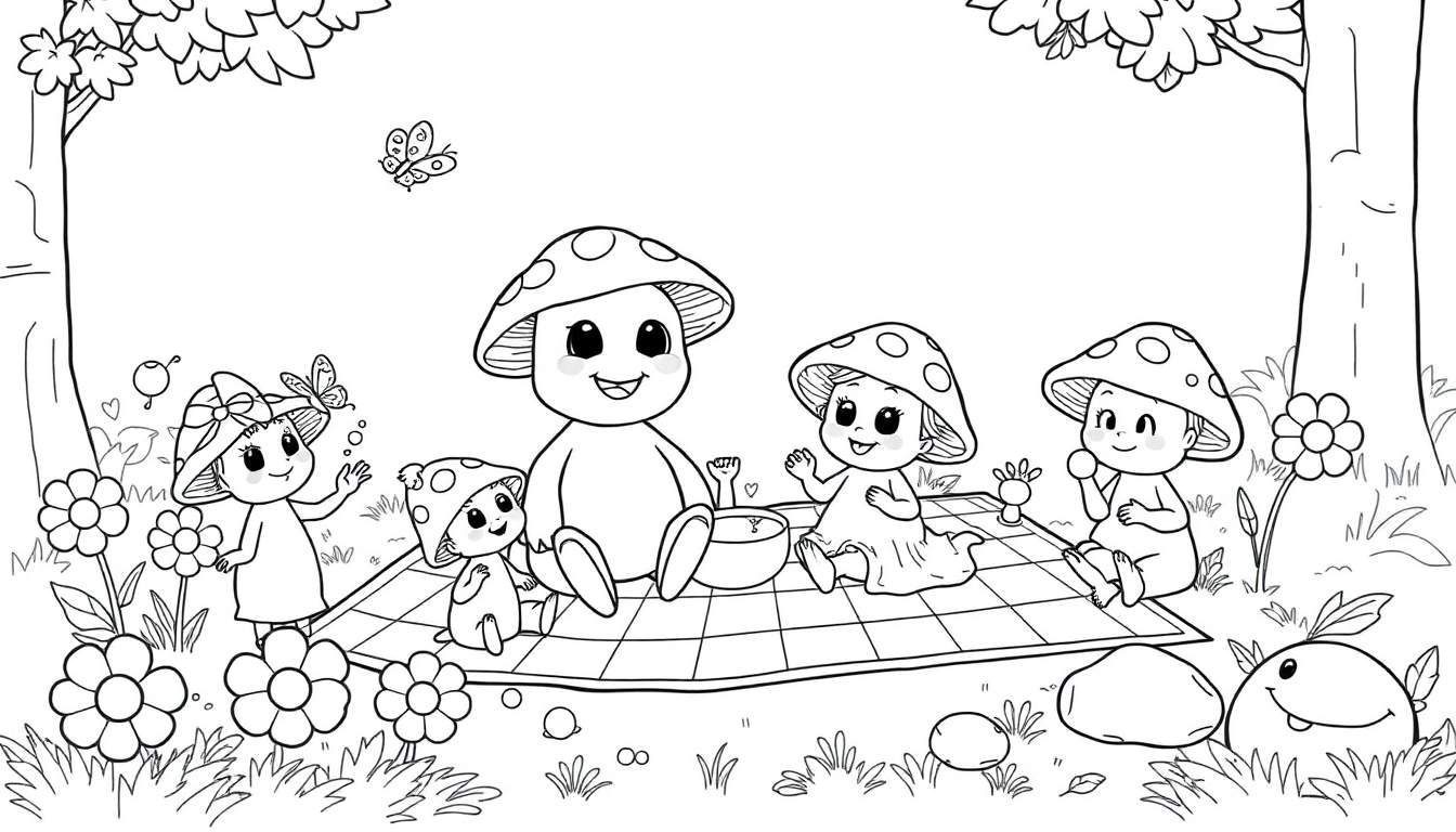 A happy mushroom family enjoying a picnic in the forest, ready for you to color this fun color panel!