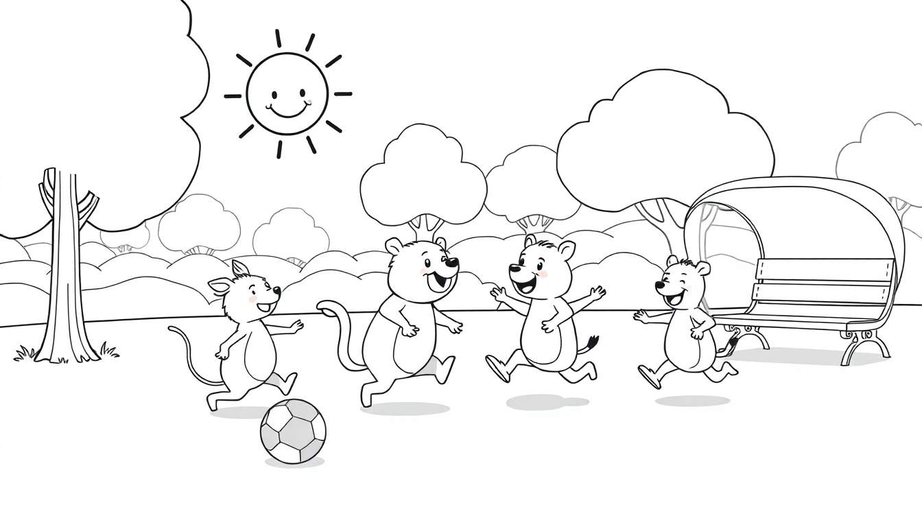 Cartoon animals playing soccer in a park color panel.