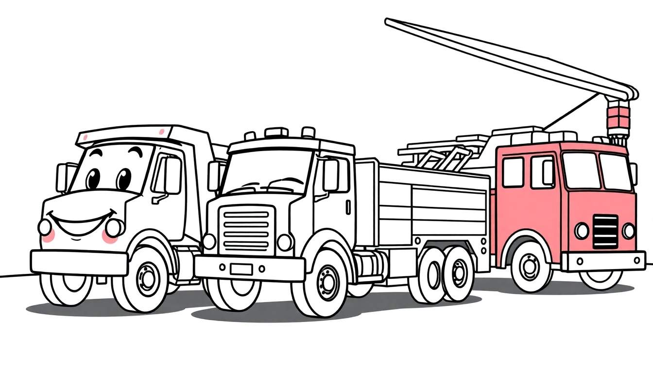 Three cartoon trucks, a dump truck, a flatbed, and a fire truck, lined up on a white background, ready for a color panel adventure.