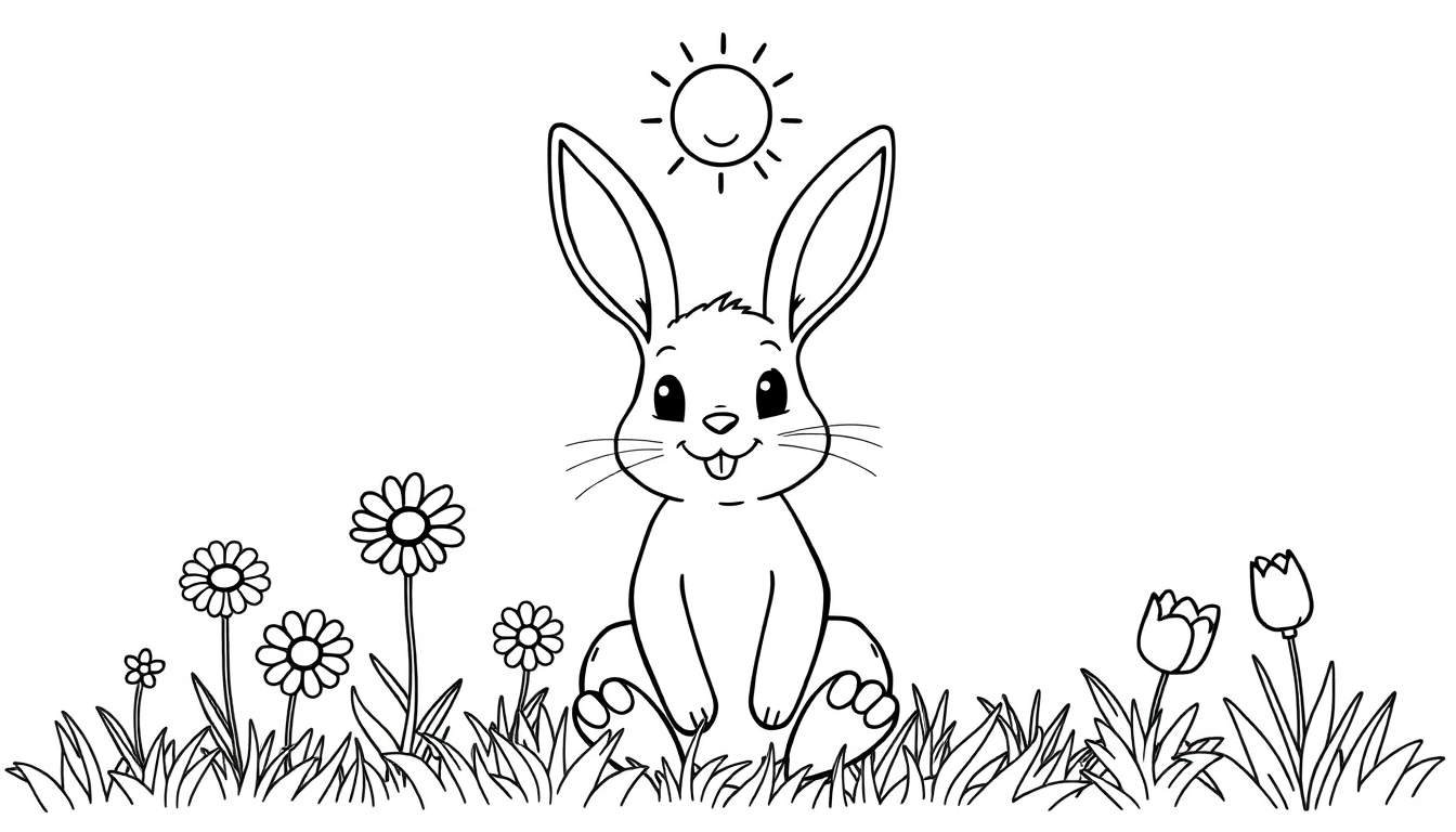 A cute bunny in a black and white line drawing, sitting in a field of grass and flowers under a smiling sun, perfect for a color panel.