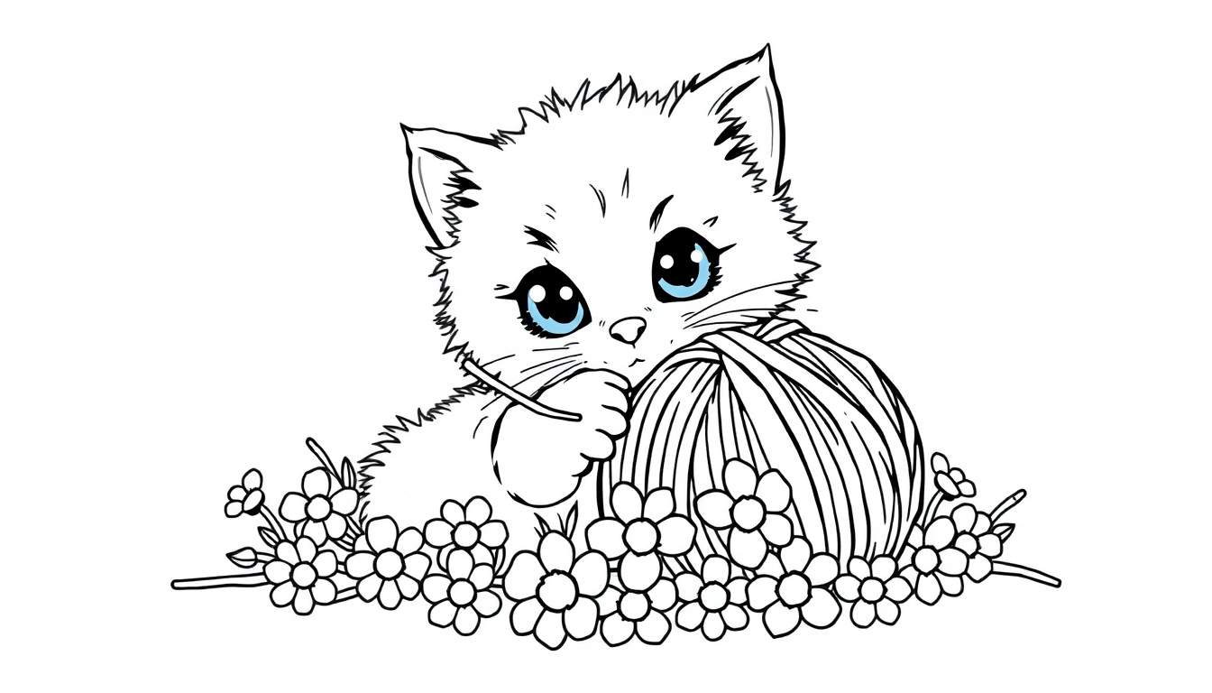 A fluffy kitten playing with a yarn ball in a flower garden, a black and white color panel for creativity.