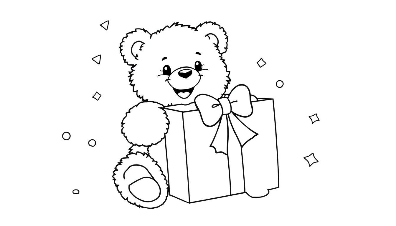 A black and white line drawing of a smiling teddy bear holding a gift box with a bow, suitable for a color panel.