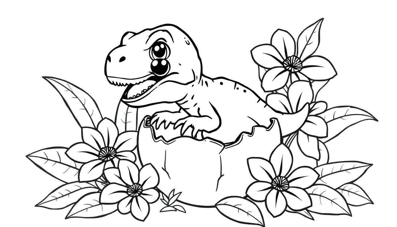 A cute baby velociraptor peeking out of a cracked egg, surrounded by flowers and leaves. A fun color panel for kids.