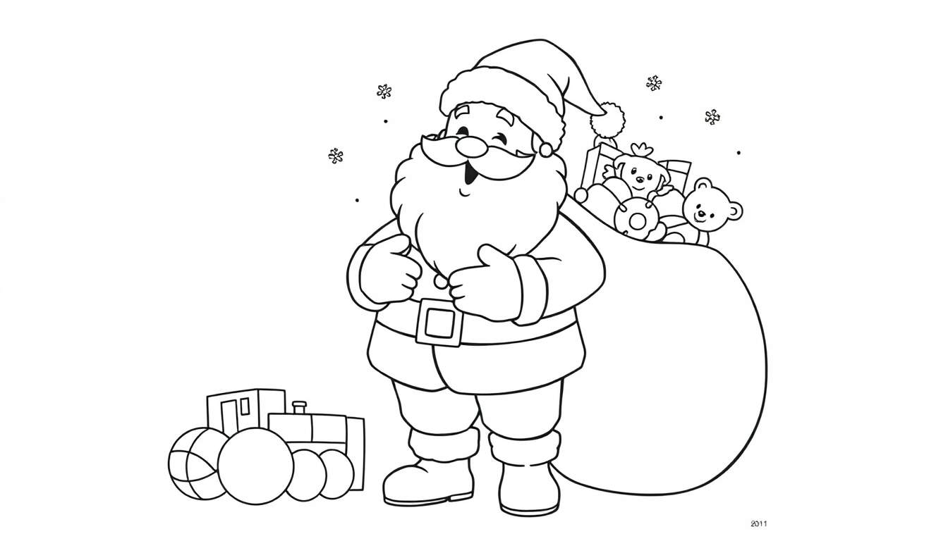 A black and white drawing of Santa Claus giving a thumbs-up, next to a toy train, a fun color panel for kids.