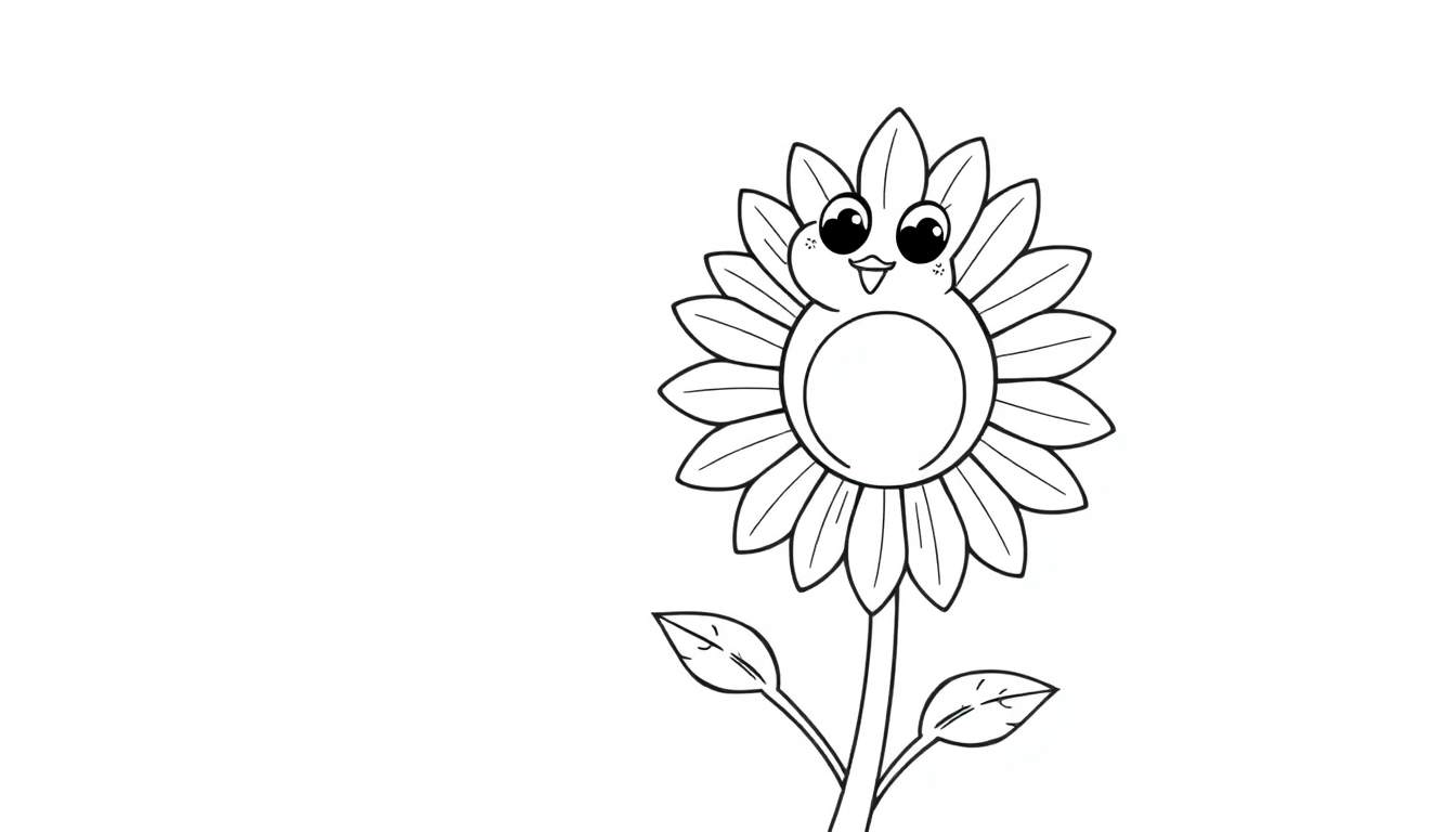 A cute black and white line drawing of a sunflower with a bird-like face in its center, ready for coloring. This color panel is a delightful treat!