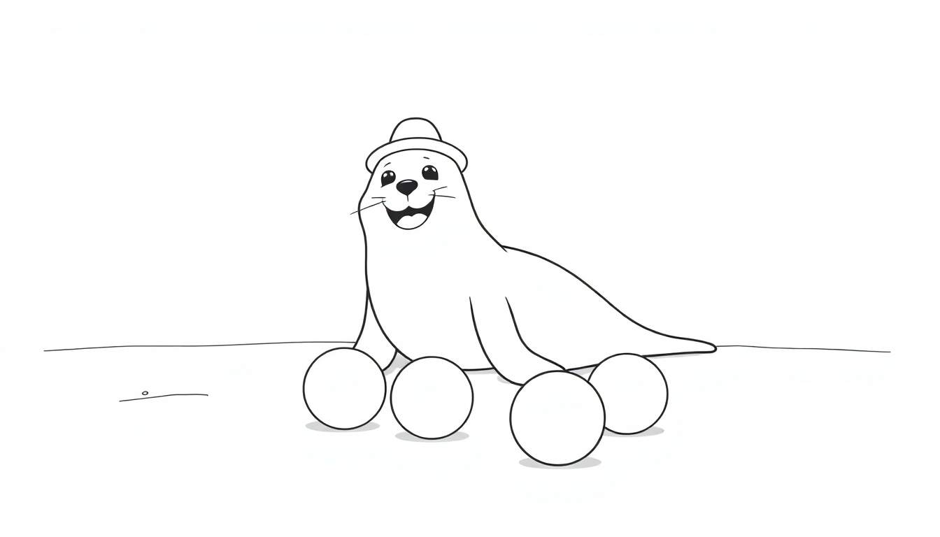 A happy cartoon seal in a color panel balancing on four balls, wearing a small hat.