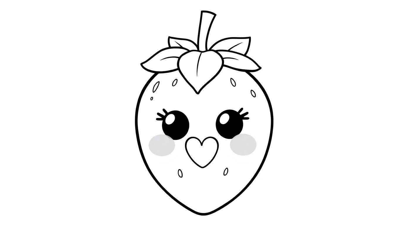 A cute kawaii strawberry with a smiling face and rosy cheeks, holding a tiny heart, ready for a color panel.
