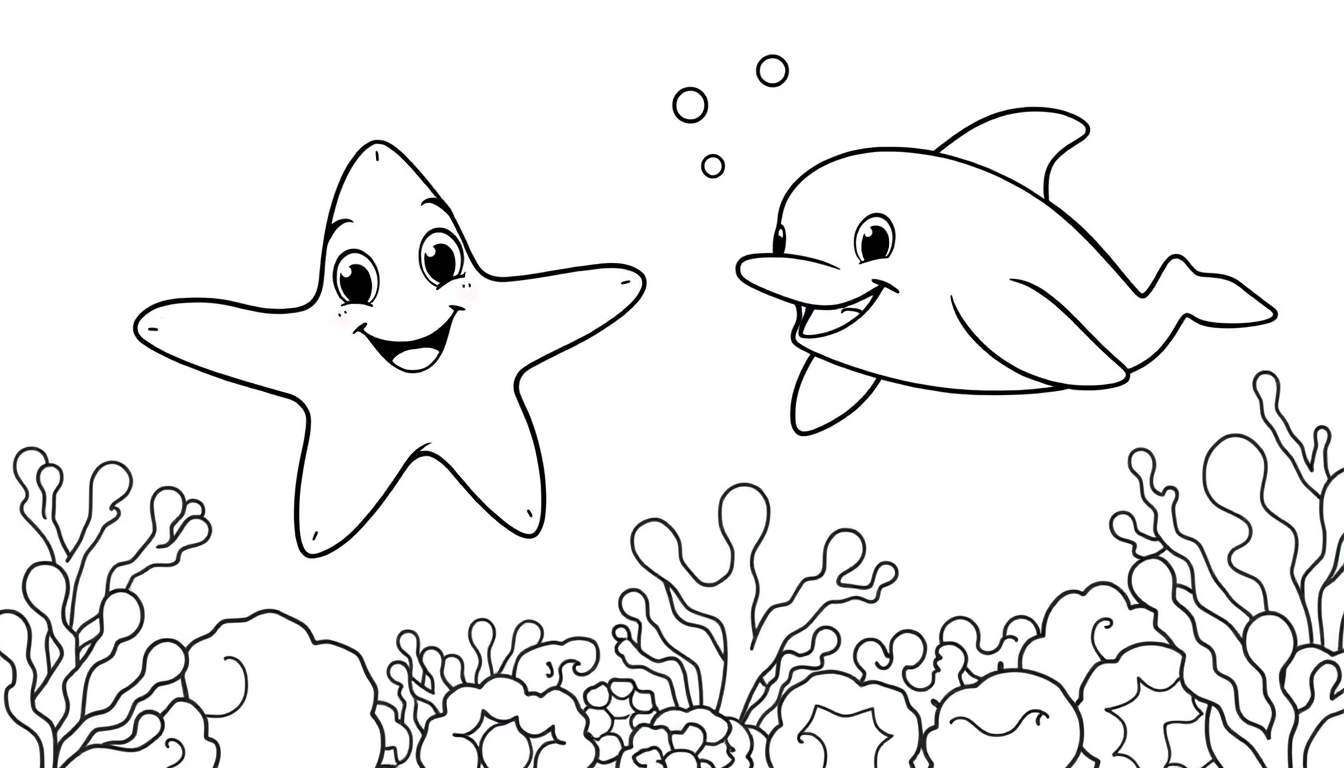 A cheerful starfish and a playful dolphin in a black and white cartoon line drawing, ready to be colored in a color panel.