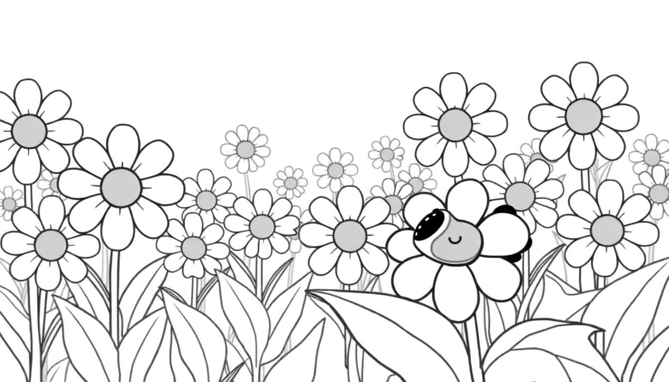 A black and white color panel drawing of daisies, one with a happy face.
