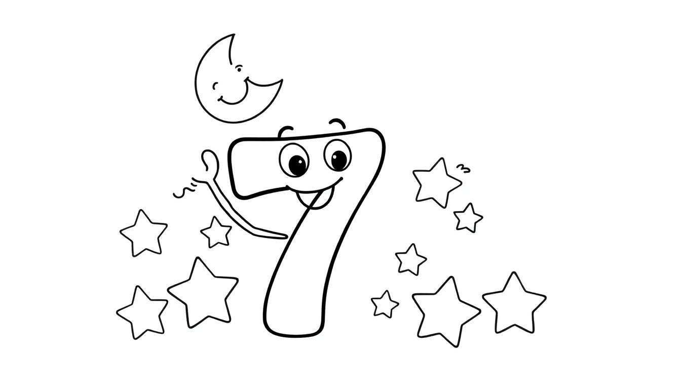 A friendly cartoon number 7 with a smiling face and a waving hand, surrounded by stars and a crescent moon, on a black and white color panel.