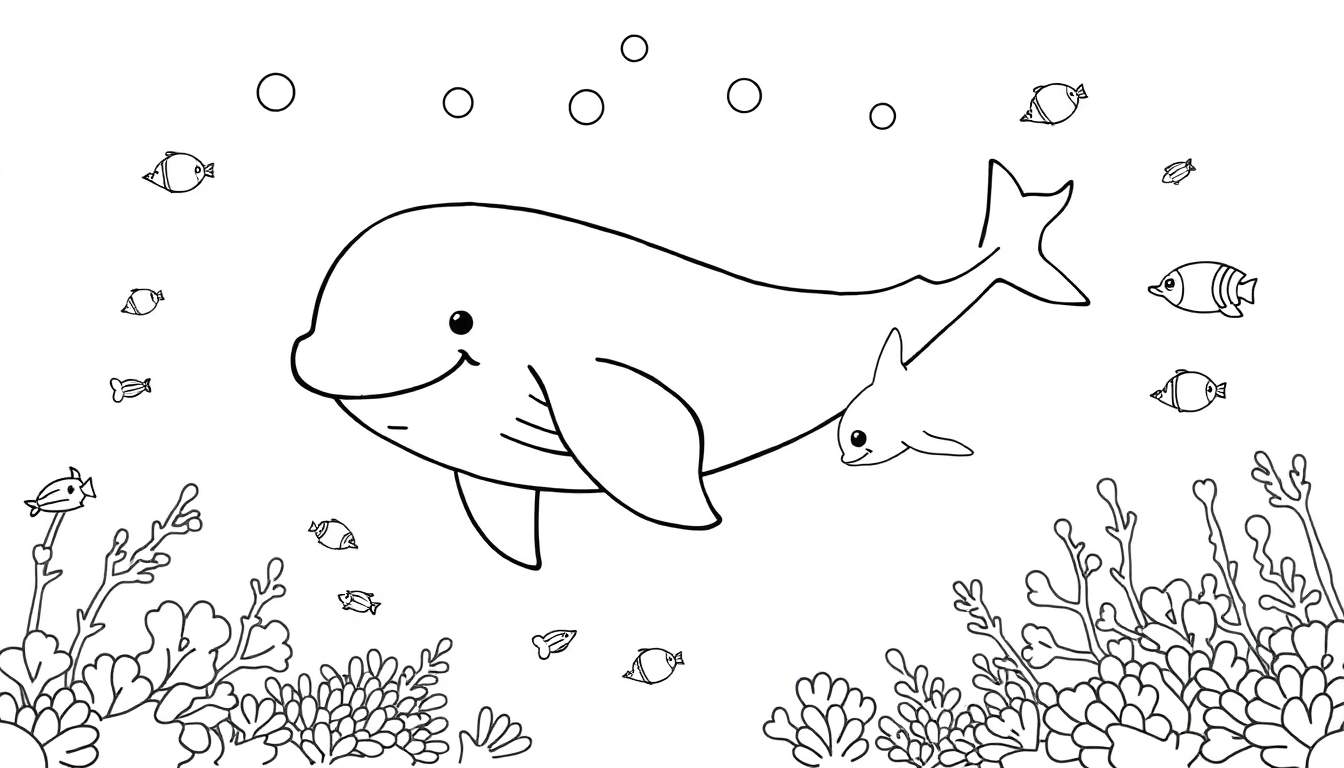 A friendly whale and calf in a bubbly ocean, a color panel for kids.