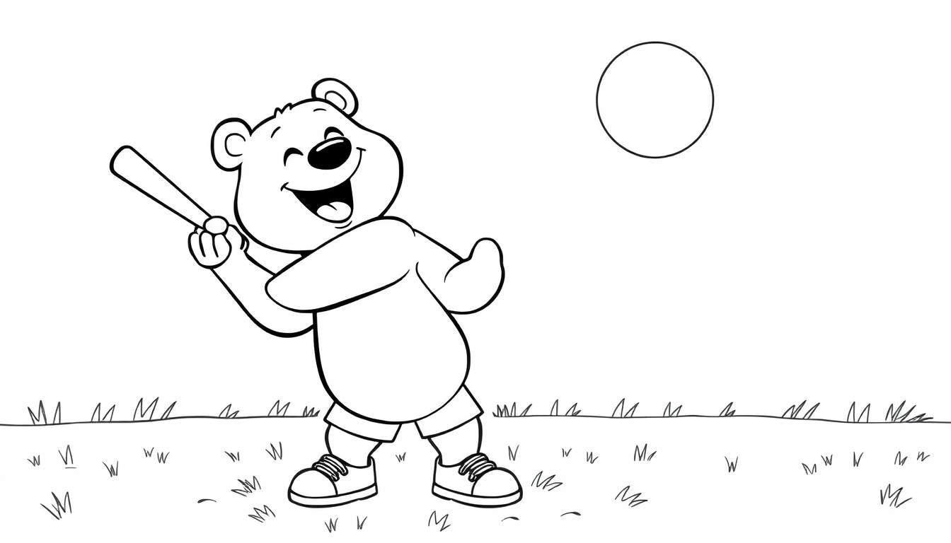 A happy cartoon bear ready to hit a baseball in a color panel.