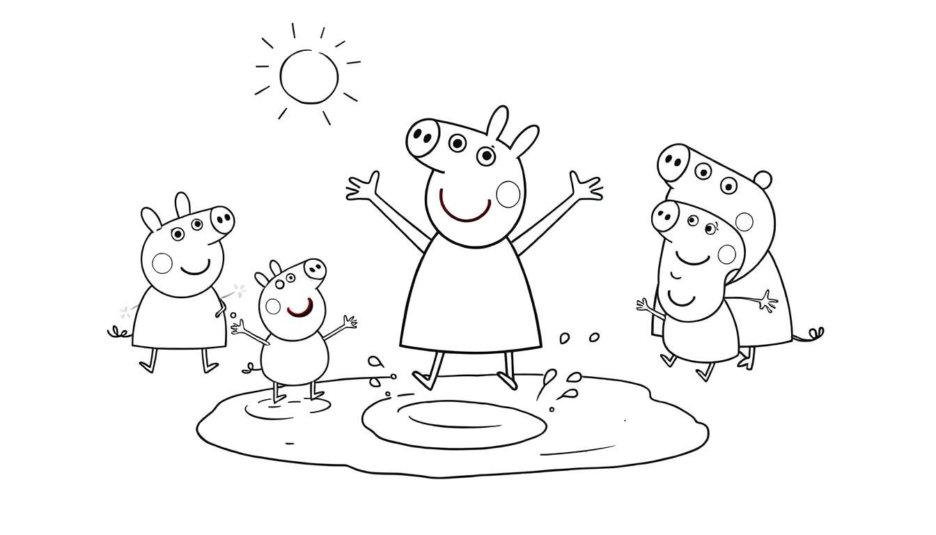 Peppa Pig and family jumping in muddy puddles, a fun color panel.