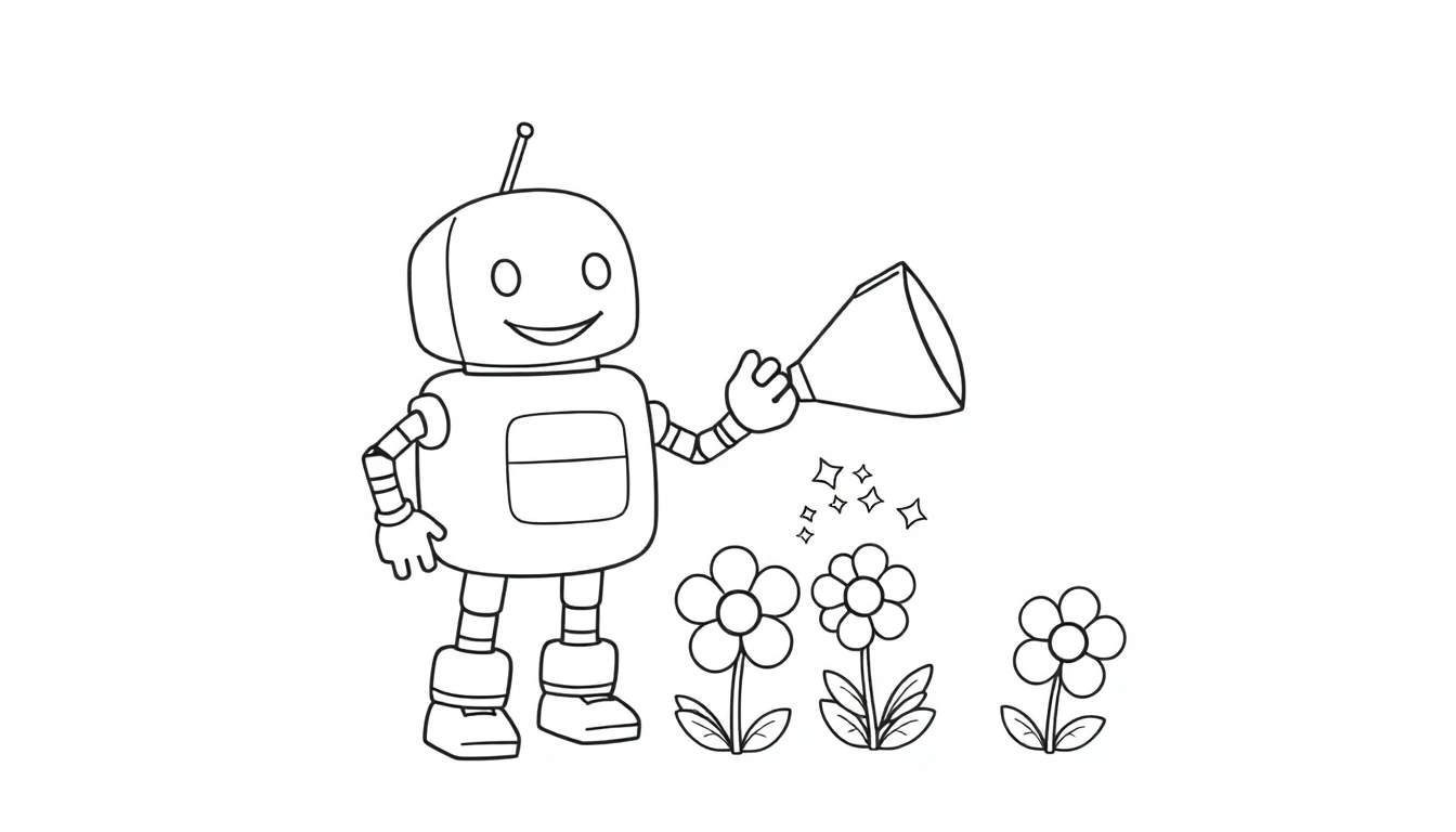 A cartoon robot with a funnel, surrounded by flowers and stars, in a black and white color panel.