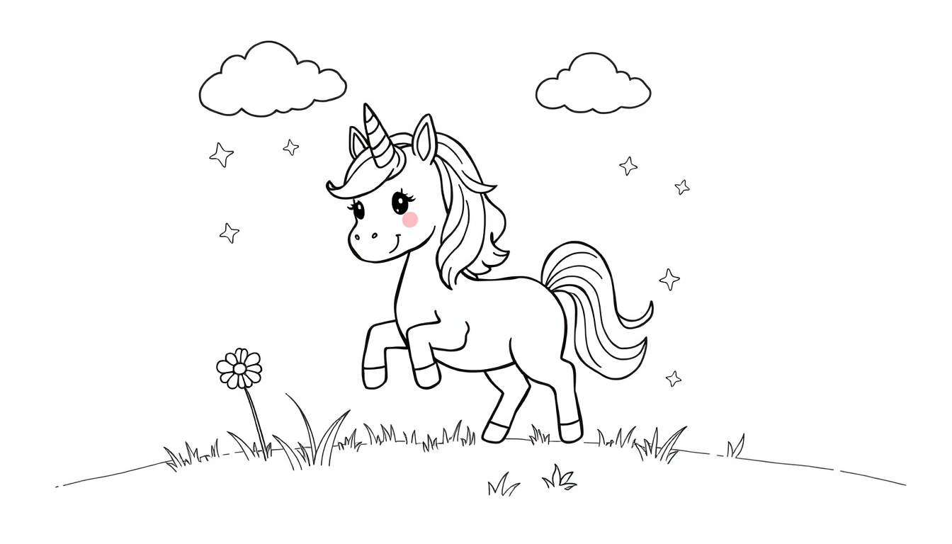 A black and white unicorn color panel drawing with a flower, clouds, and stars.