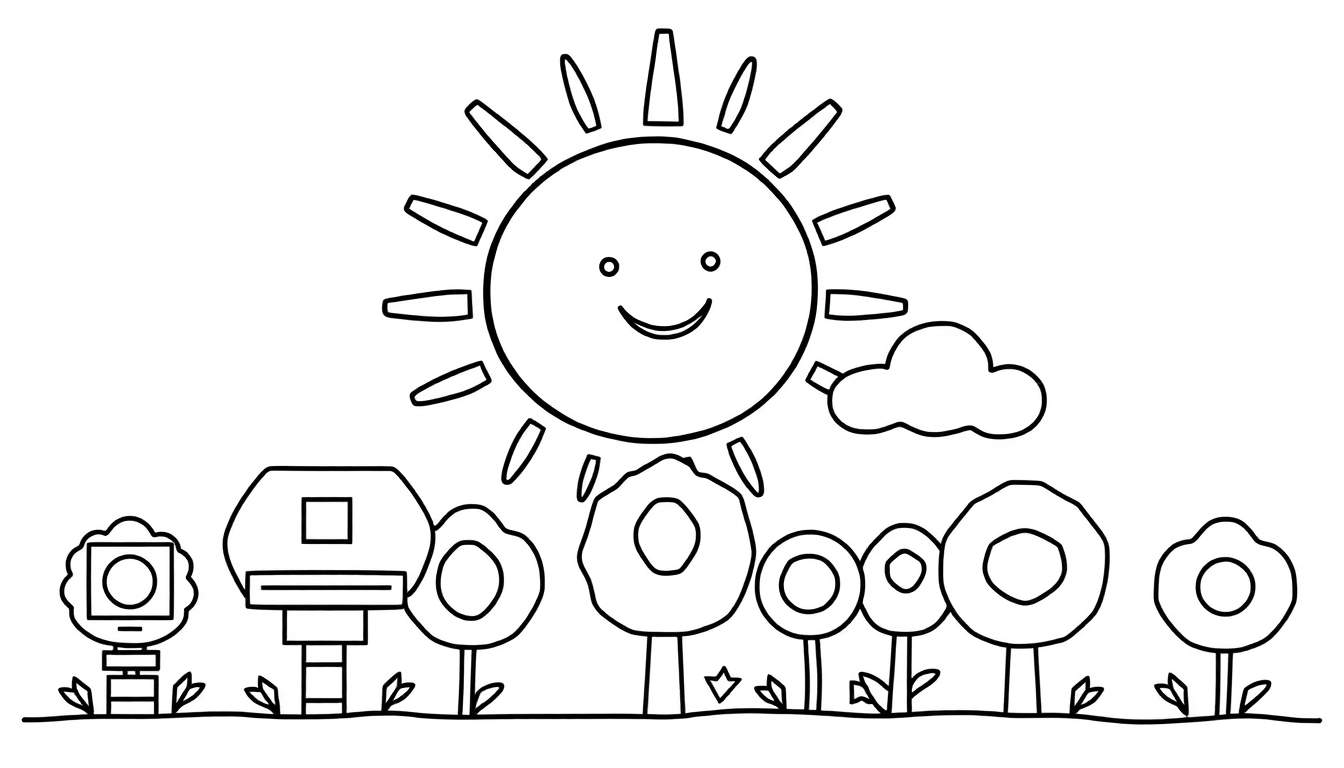 A sunny garden color panel with a smiling sun and flowers.