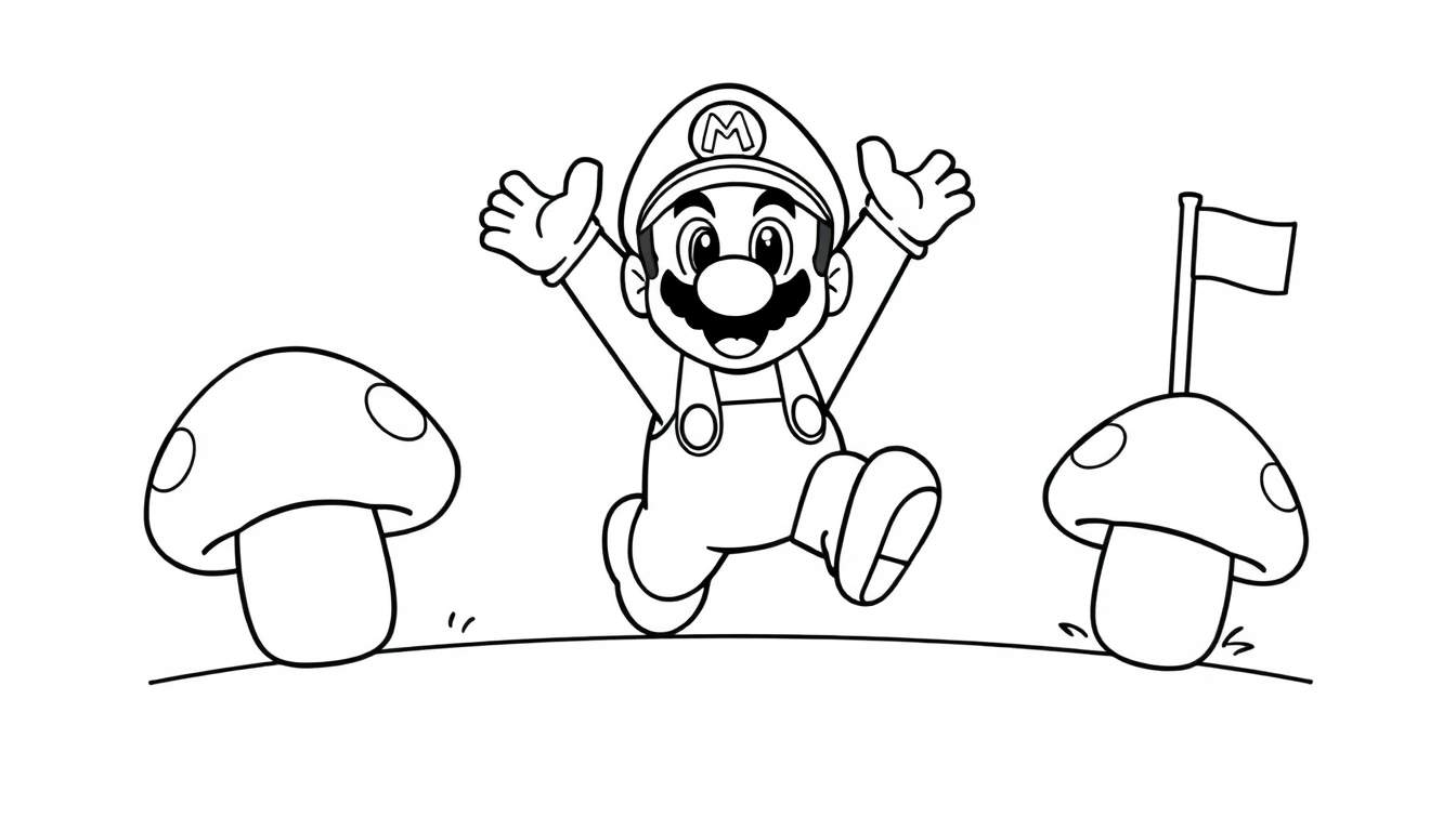 A black and white line art drawing of Mario celebrating on a grassy hill with mushrooms, perfect for a color panel.