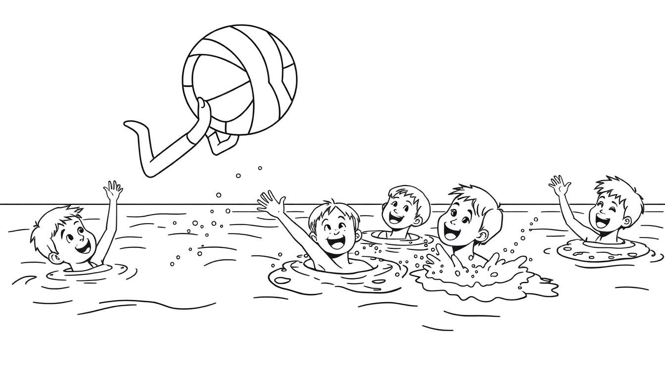 A super splashy color panel! Happy kids playing a water polo game, splashing and having fun in a bright blue pool.